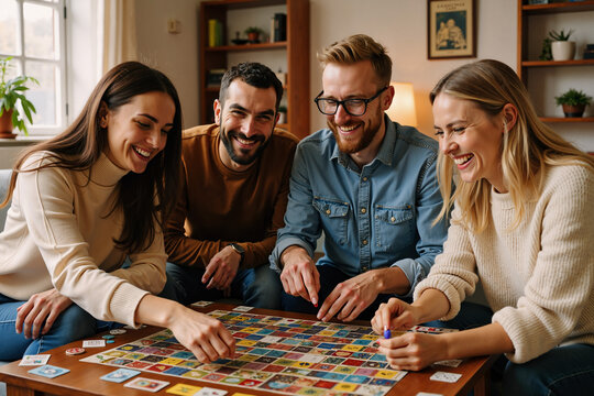 Group of friends enjoying a board game at home, smiling and having fun in a cozy living room