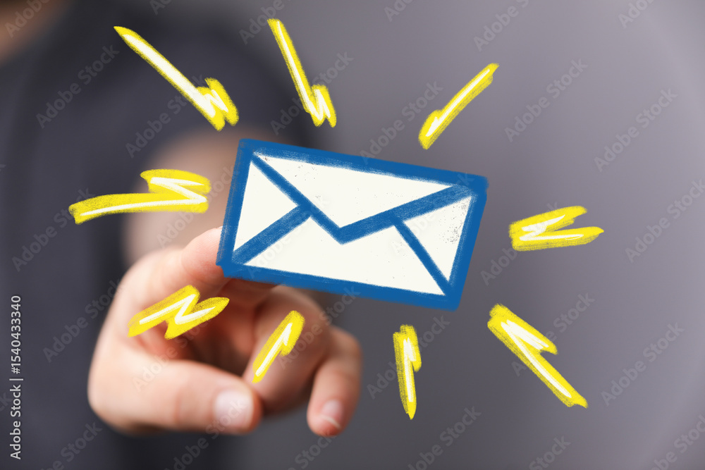 Poster close-up of hand selecting email icon, symbolizing new message notification. perfect for email marke