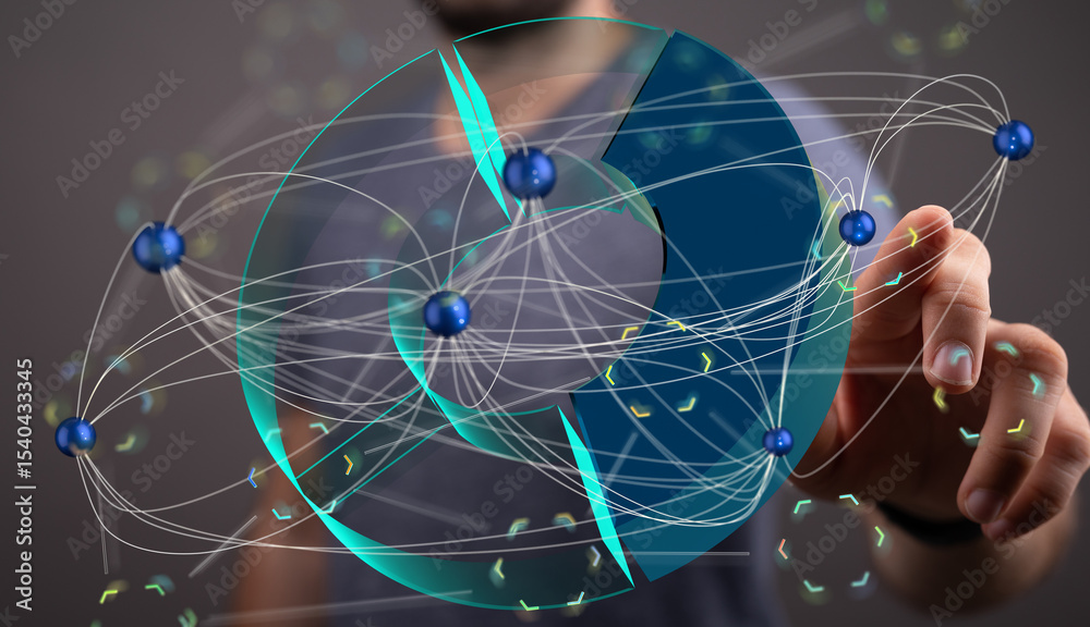 Poster abstract image depicting a complex network, data visualization, connections, global network, technol