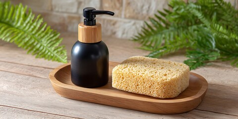 Naklejka premium Black liquid soap bottle and scrub sponges