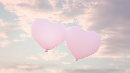 Fototapeta premium Two delicate pink heart-shaped balloons float gently in a soft pastel sky with wispy clouds, creating a dreamy romantic atmosphere evoking lightness and affection.