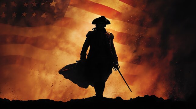 Patriotic American Revolution Soldier with Flag on Independence Day - Powered by Adobe