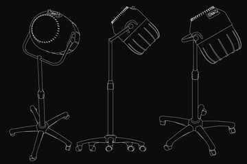 Three sleek black and white salon hair dryers in a modern triangular arrangement, with the tallest in the center and two smaller ones on each side. The glossy finish and minimalist design