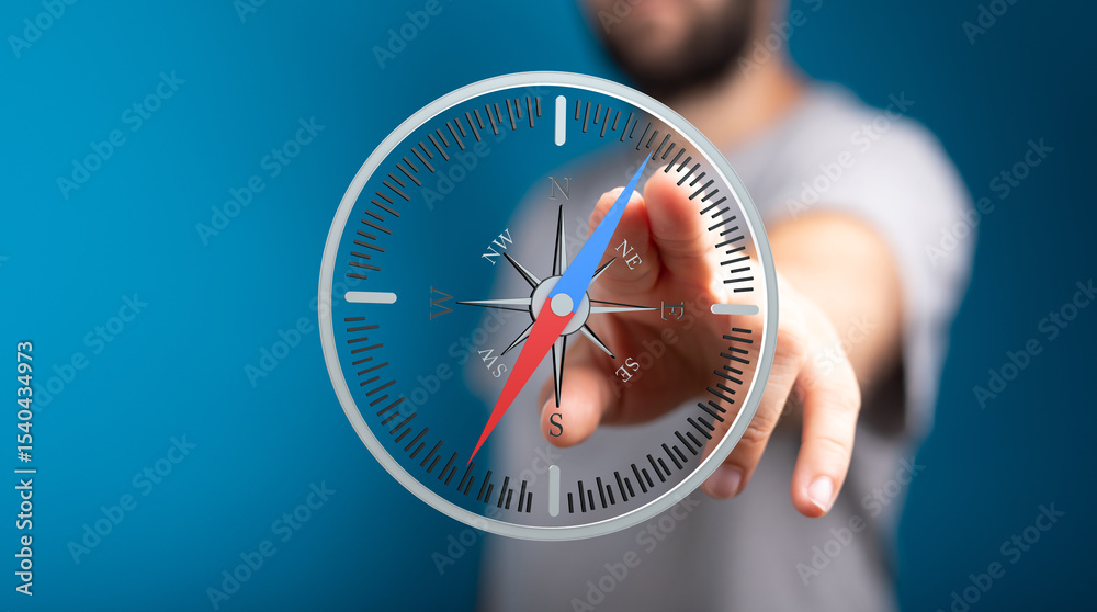 Poster Person interacts with a virtual compass, finding direction and navigating.  Concept for guidance, strategy.