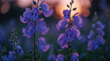 Vibrant purple flowers bloom gracefully in field at sunset, creating serene and enchanting atmosphere