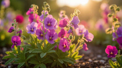 Vibrant flowers bloom in garden, showcasing shades of purple and pink under warm sunlight, creating serene and picturesque scene