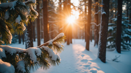 Serene winter landscape featuring snow covered trees and warm sunbeam shining through forest. scene evokes sense of tranquility and beauty