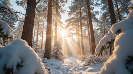 Serene winter landscape featuring tall pine trees blanketed in snow, with sunlight streaming through branches, creating magical atmosphere