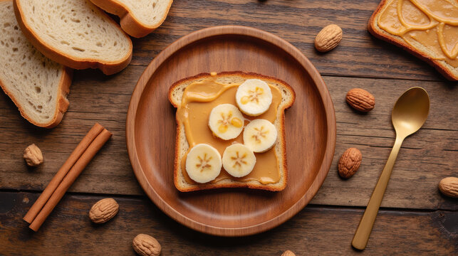 Creamy peanut butter spread on toasted bread topped with fresh banana slices, served on wooden plate with nuts and cinnamon sticks