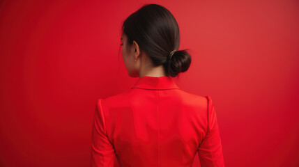 Woman in red blazer stands against vibrant red background, exuding confidence and elegance. simplicity of scene highlights her poised demeanor
