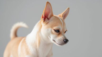 Cute dog with light brown and white fur, standing gracefully against neutral background, showcasing its playful and curious nature