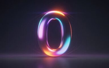 Vibrant and futuristic rendering of the number zero in an abstract holographic and neon style with a dark background.