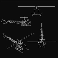 Detailed blueprint of a helicopter on a black background highlights rotor blades, tail section, cockpit, and landing gear. Technical schematic showcases precise engineering and aerodynamics