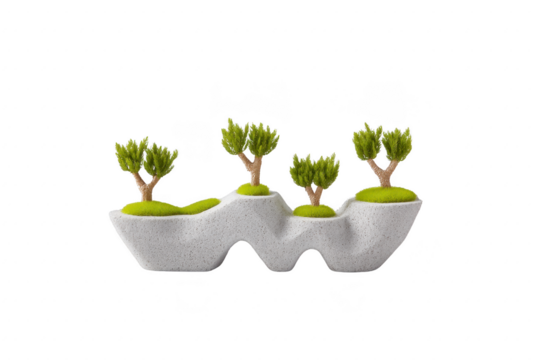 Modern, minimalist planter features four small, stylized trees with vibrant green foliage, set in wavy, white stone like base. design is sleek and artistic, perfect for contemporary decor