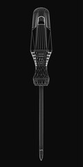 Black and white wireframe screwdriver isolated on a dark background, showcasing clean lines and geometric simplicity. The detailed vector illustration highlights the tool's shape and contours
