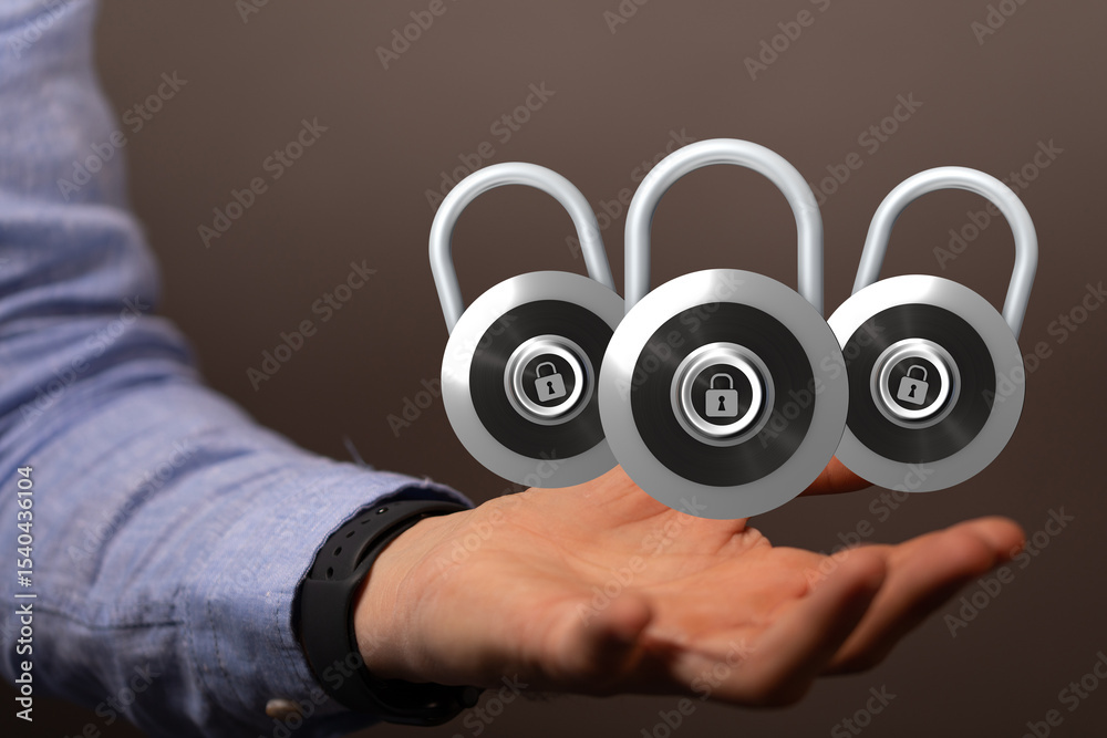 Poster Image of three digital padlocks on an open hand, symbolizing data protection and cybersecurity.