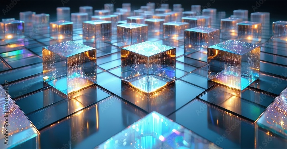 Leinwandbilder Abstract glowing cubes form grid. Digital landscape suggests data, technology, future concepts. Reflections create mesmerizing visual effect.