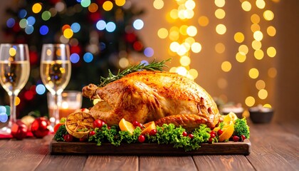 Roasted turkey placed on a wooden platter surrounded by fresh vegetables and a glass of champagne for celebration