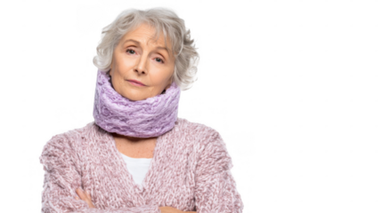 Senior woman wearing a cozy neck warmer and a wool jacket, crossing her arms while looking unwell, with a transparent background emphasizing her discomfort and concern