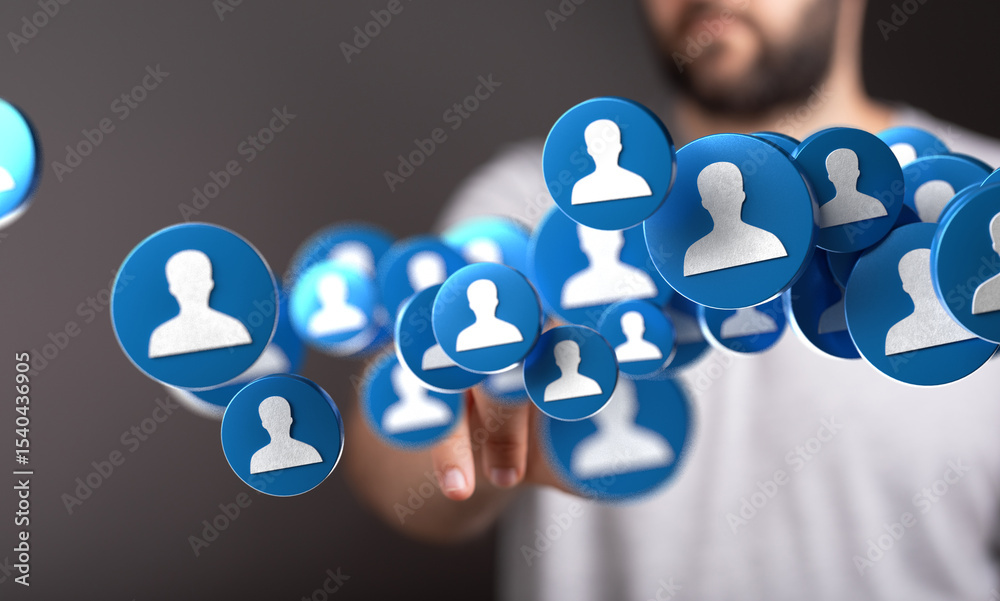 Poster abstract image of a man connecting with digital profile icons, representing social media, networking