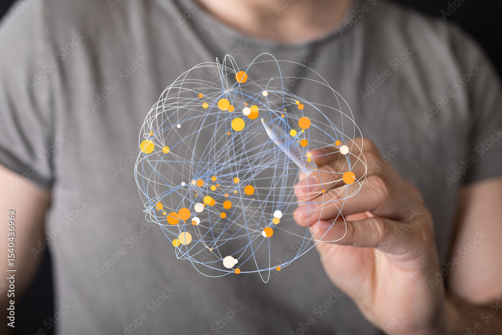 Poster stock photo of a person interacting with a digital holographic projection of a global network.