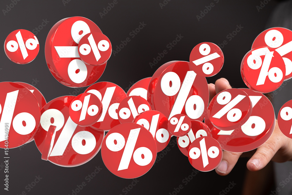 Poster 3d rendered image of red percentage symbols floating, perfect for discount and sale concepts.