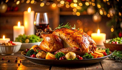 Elegant roasted turkey on a plate with a soft candle glow in the background creating a cozy dining atmosphere