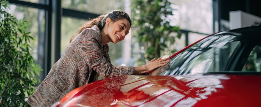The woman joyfully admiring her dream car in a modern dealership showroom.