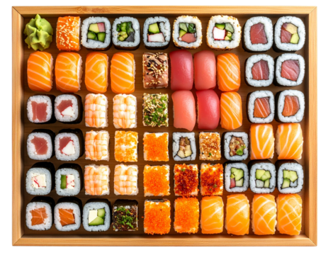 - Minimalist Sushi Assortment with Nigiri, Maki, and Rolls on Wooden Tray, isolated on a transparent background png
