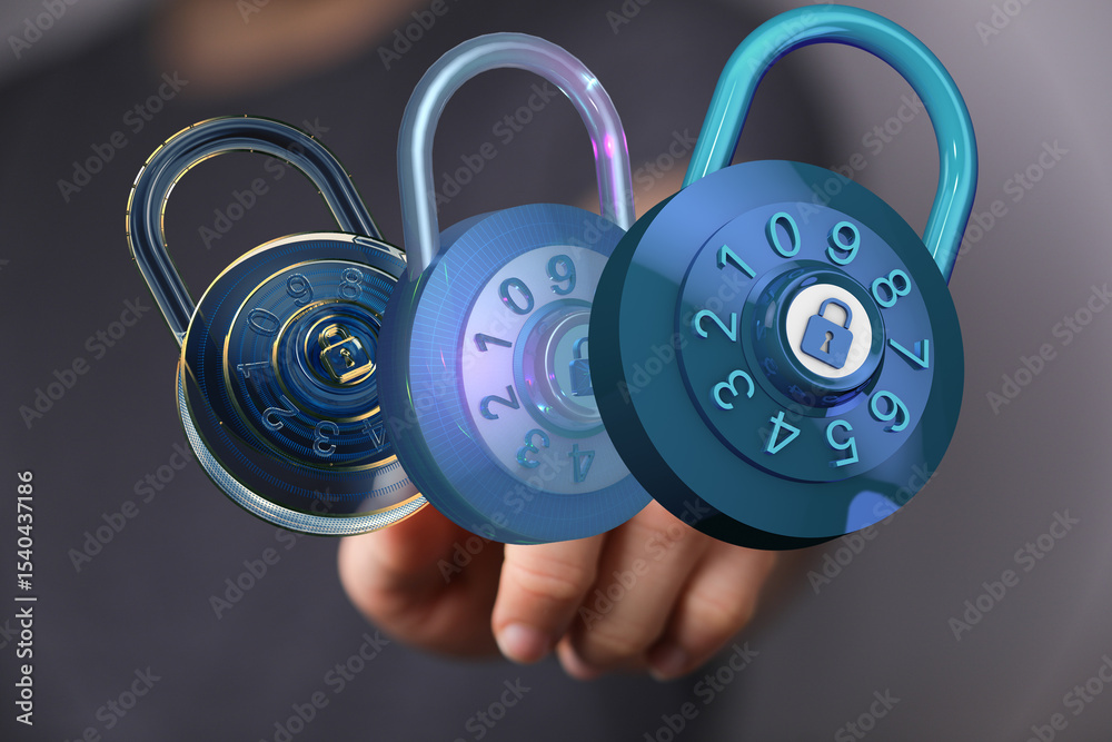 Aufkleber High-quality image of three digital combination locks, ideal for cybersecurity and data protection concepts.