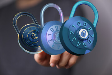 High-quality image of three digital combination locks, ideal for cybersecurity and data protection...