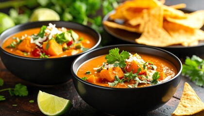 Three bowls of flavorful soup with torta chips perfect for a comforting meal to share with loved ones