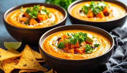 Creamy pumpkin soup served in three bowls with crispy torta chips for a warm and satisfying autumn meal