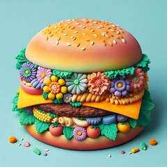 Colorful Fantasy Burger Made of Flowers and Clay Elements 