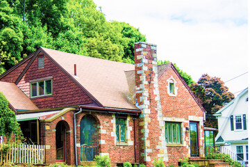 FIREPLACE CHIMNEY BUILT FROM DIFFERENT COLORS OF BRICKS 