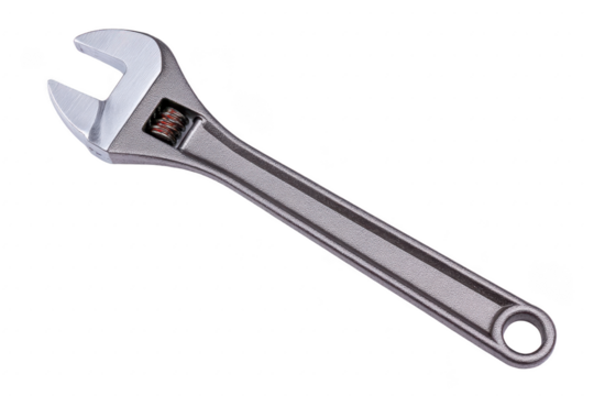 Shiny adjustable wrench with metallic finish, featuring movable jaw for gripping various sizes of nuts and bolts. tool is designed for versatility in mechanical and plumbing tasks