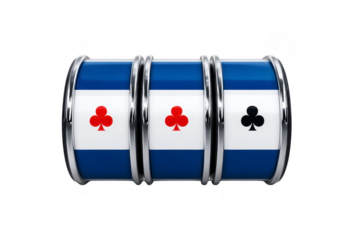 Slot machine reel displays three club symbols in red and black, set against blue and transparency background. image evokes sense of excitement and chance, typical of casino games