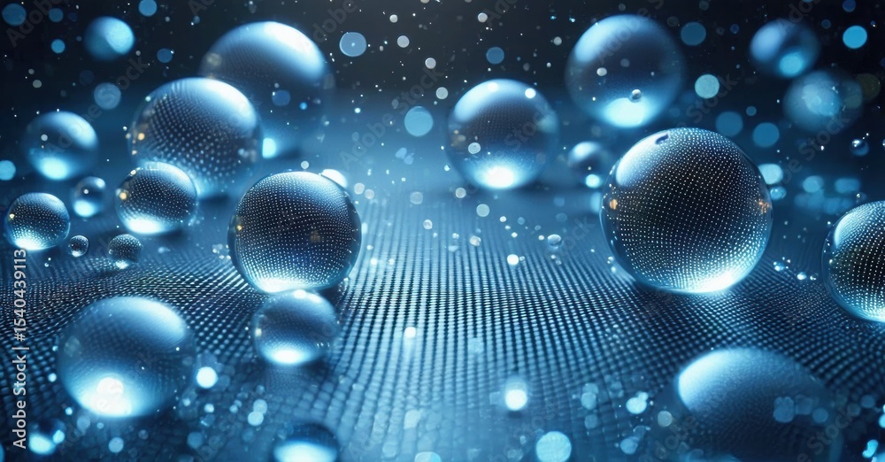 Aufkleber Abstract blue spheres float above textured surface. Digital rendering creates futuristic, glowing effect. Light reflects, forming dynamic composition.
