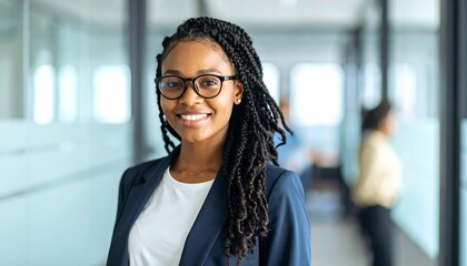 Smiling young african business woman in business casual attire with glasses and braided hair posing confidently