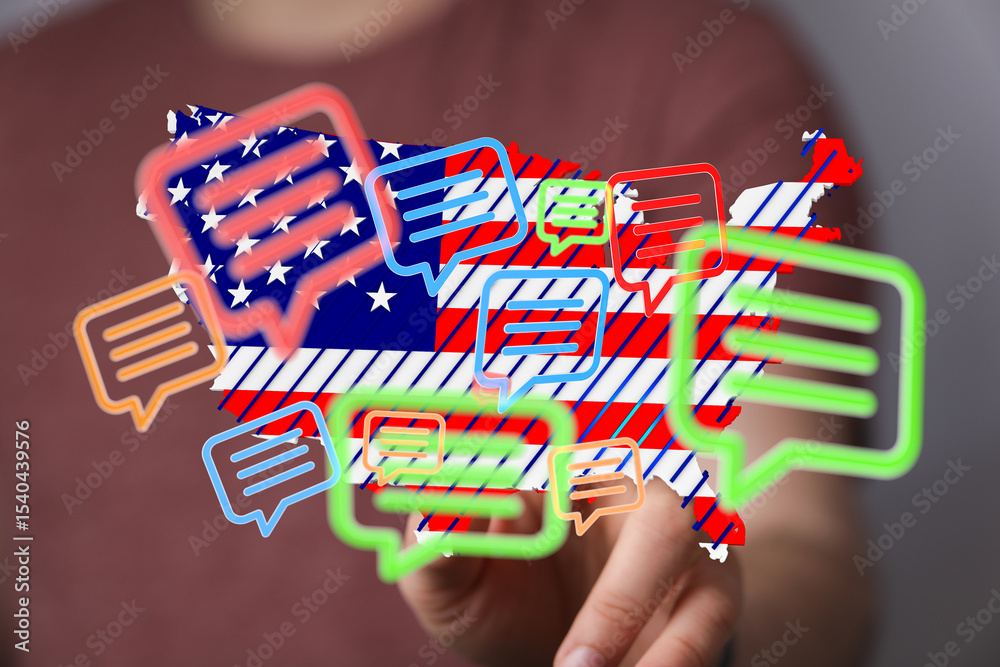 Poster Colorful speech bubbles over a US map symbolize communication and connection across the nation.