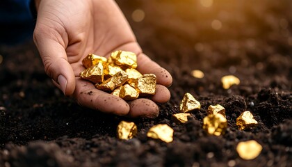 Gold Nuggets in Hand with Soil Background.