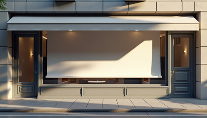 Horizontal banner mockup. Blank shop banner under canopy on urban street facade