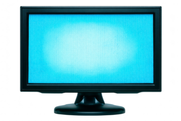 Black computer monitor with blue screen, isolated on transparency background, represents technology and digital display. screen is blank, suggesting potential for various uses