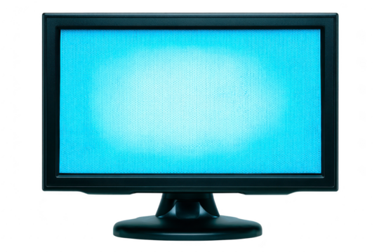 Black computer monitor with blue screen, isolated on transparency background, represents technology and digital display. screen is blank, suggesting potential for various uses