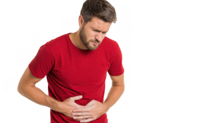 Young man with red t shirt is suffering from severe abdominal pain, bending over and holding his stomach with both hands, with a transparent background