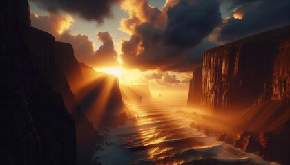 Majestic golden sunset over dramatic coastal cliffs with sunrays piercing through thick, moody clouds. 