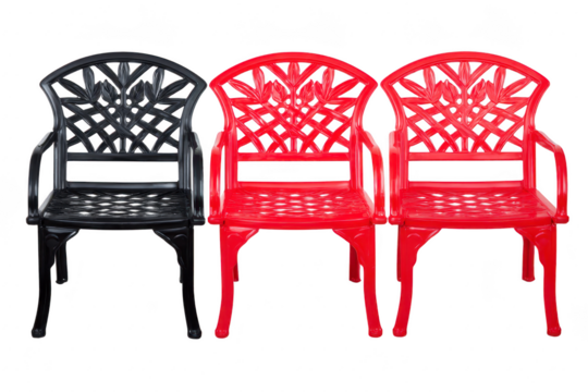 Three ornate plastic chairs, two red and one black, are arranged side by side. chairs feature intricate lattice designs on backrests and armrests, creating decorative and stylish appearance