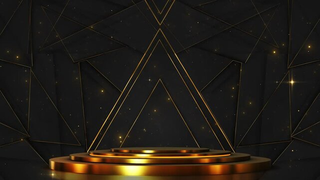 Festive podium stage stand Golden lights grunge background animation. Evening performance. award winner or product showcase podium Futuristic showcase platform for product displaying. Empty modern.