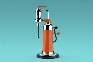 A vintage orange and chrome seltzer bottle against a light blue seamless studio background render