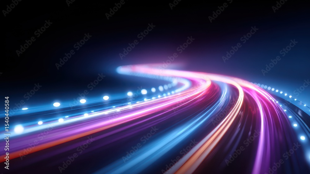 Wall mural dynamic light trails in vibrant colors create a mesmerizing flow through a dark background, suggesti